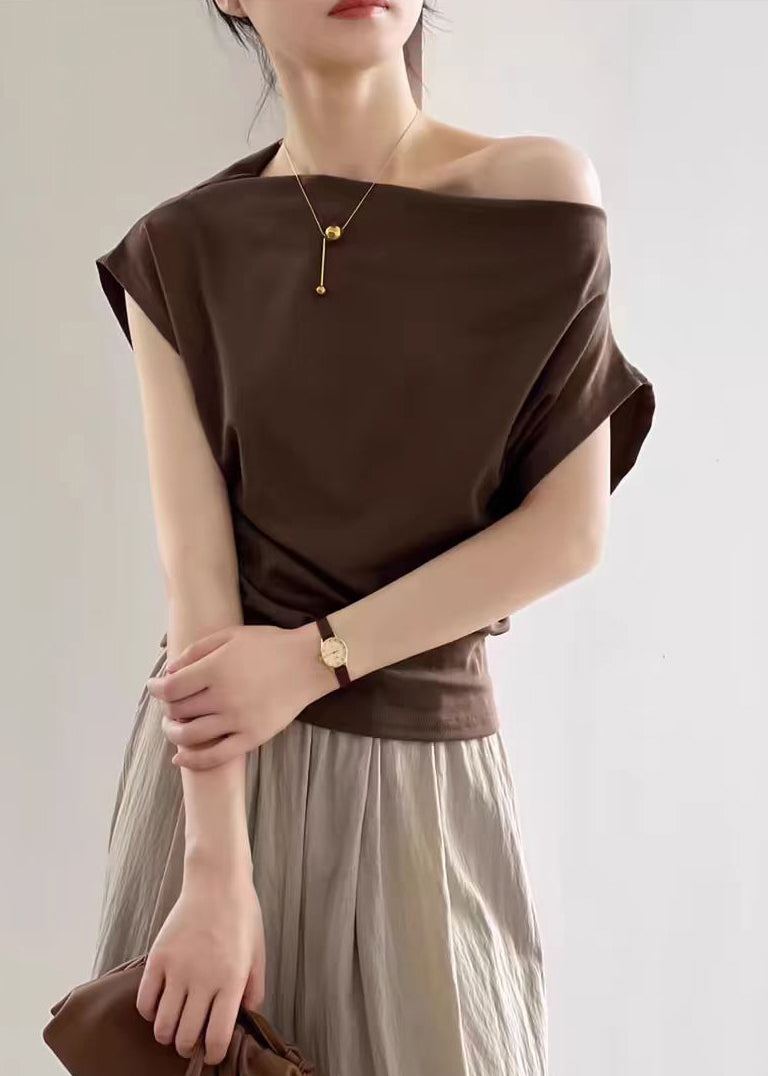 Summer Cold Solid T Cotton Shirts Coffee Shoulder