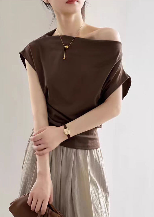 Summer Cold Solid T Cotton Shirts Coffee Shoulder