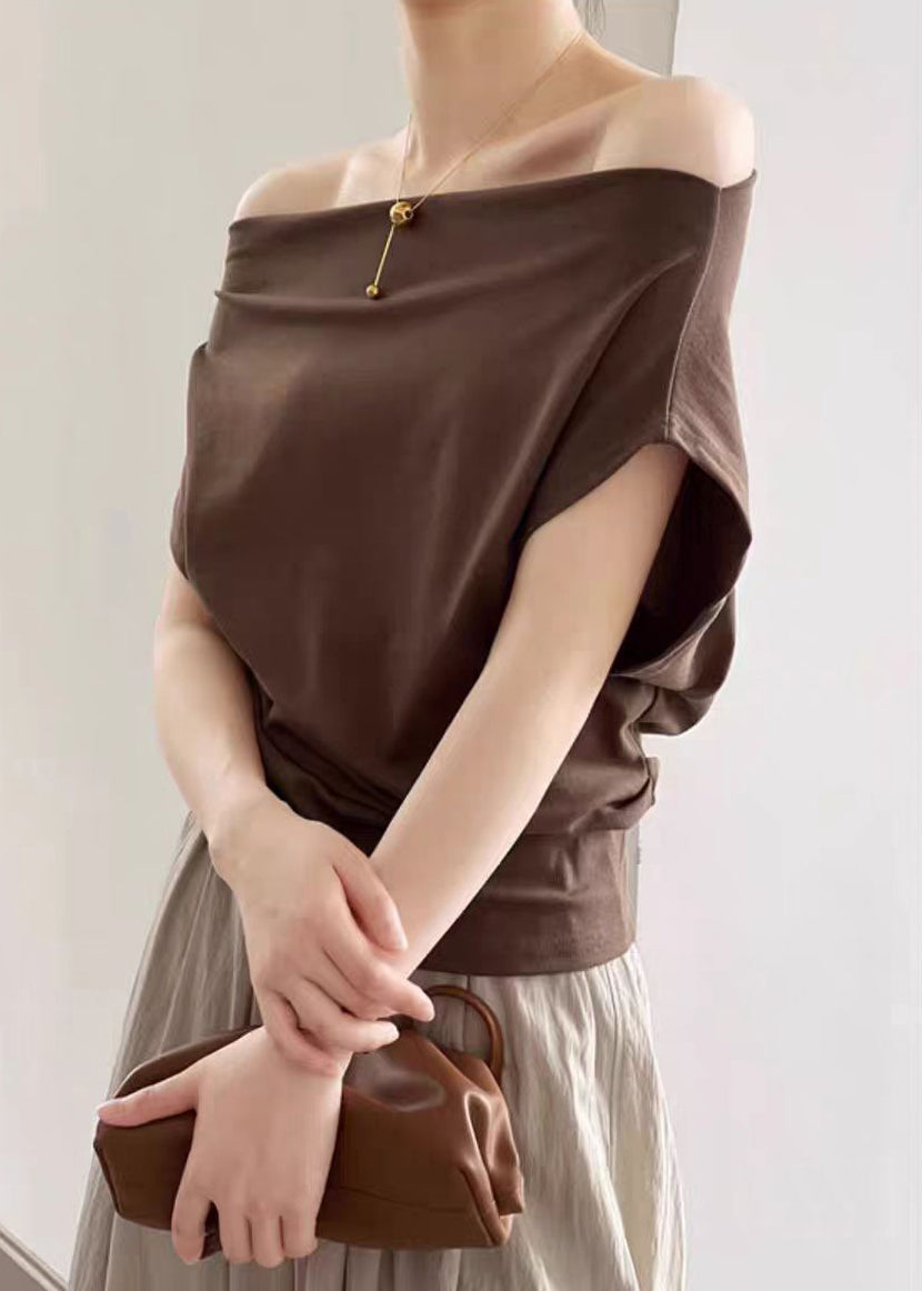 Summer Cold Solid T Cotton Shirts Coffee Shoulder