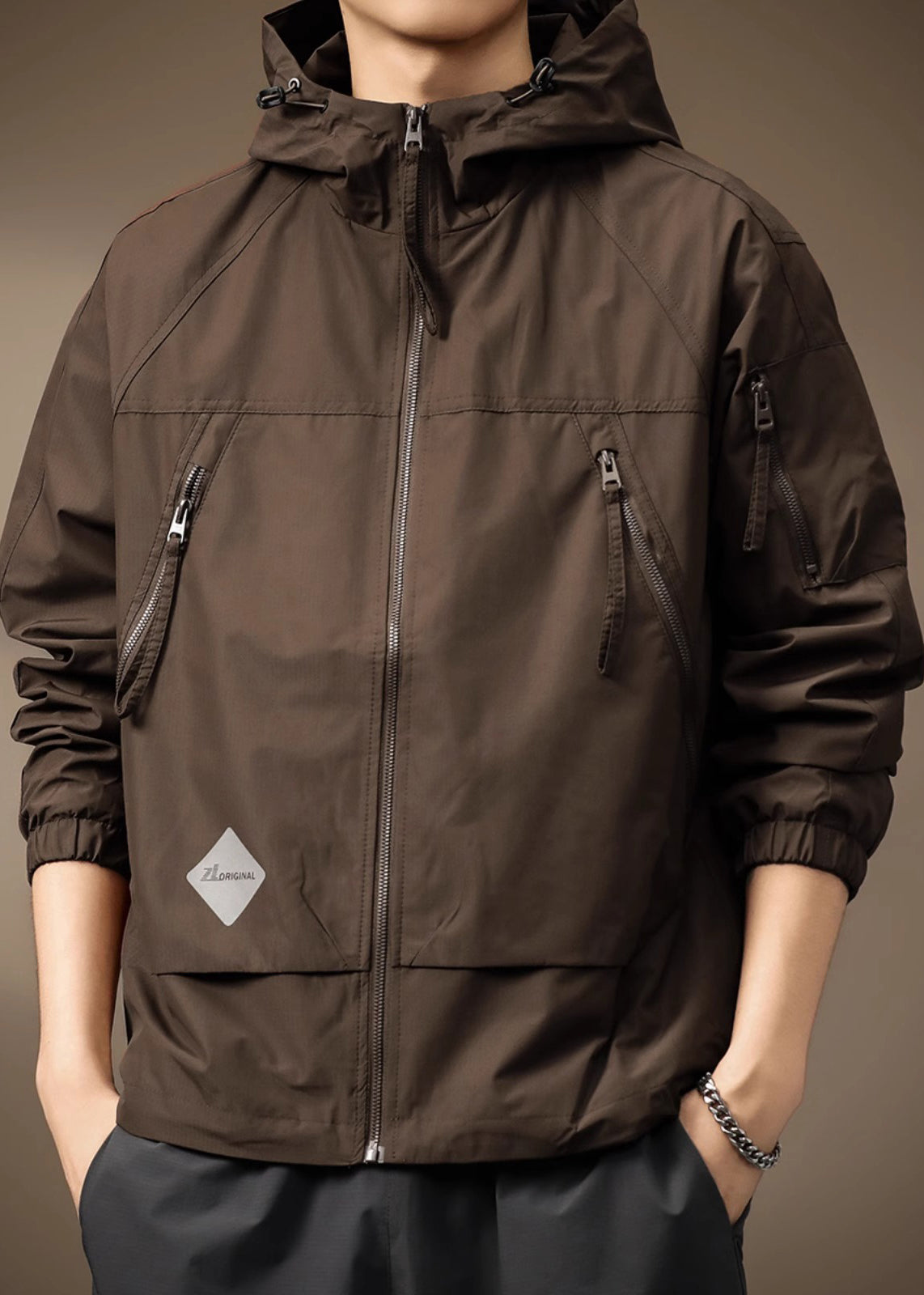 Spring Coffee Cotton Hooded Coats Drawstring Zippered Mens