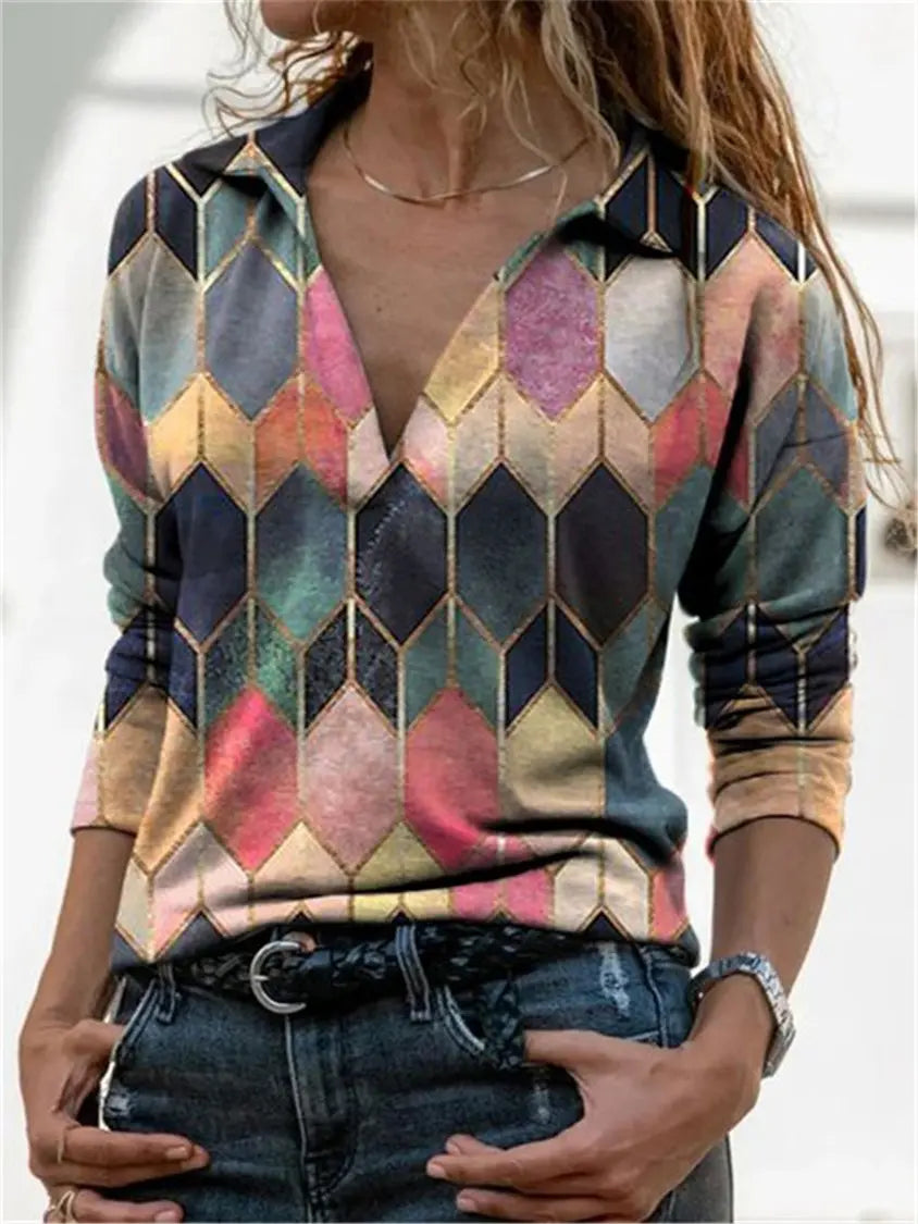 Color-Block Shirt Collar Long Sleeve Top GA40