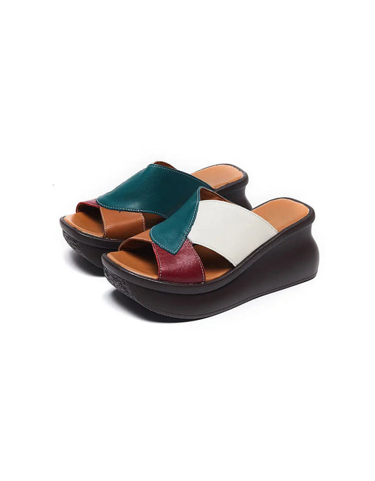 Color Matching Retro Leather Wedge Slippers Ada Fashion