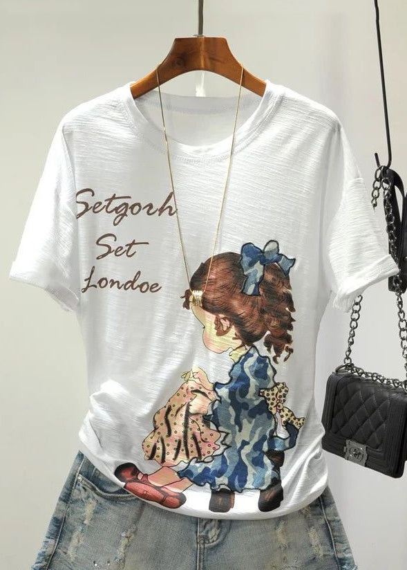 Baumwolltop mit Rundhalsausschnitt und kurzen Ärmeln im Farbblock-Cartoon-Print GH1004