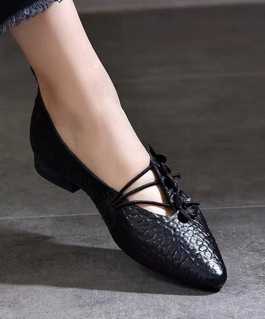 Comfortable Pointed Toe Floral Flats Shoes Black Sheepskin CZ1038