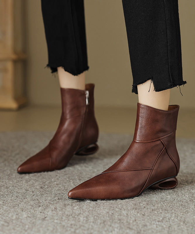 Comfortable Splicing Ankle Boots Brown Cowhide Leather Pointed Toe RD016