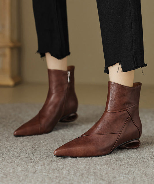 Comfortable Splicing Ankle Boots Brown Cowhide Leather Pointed Toe RD016