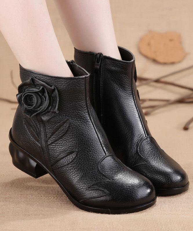 Comfortable Splicing Chunky Boots Black Cowhide Leather RD019