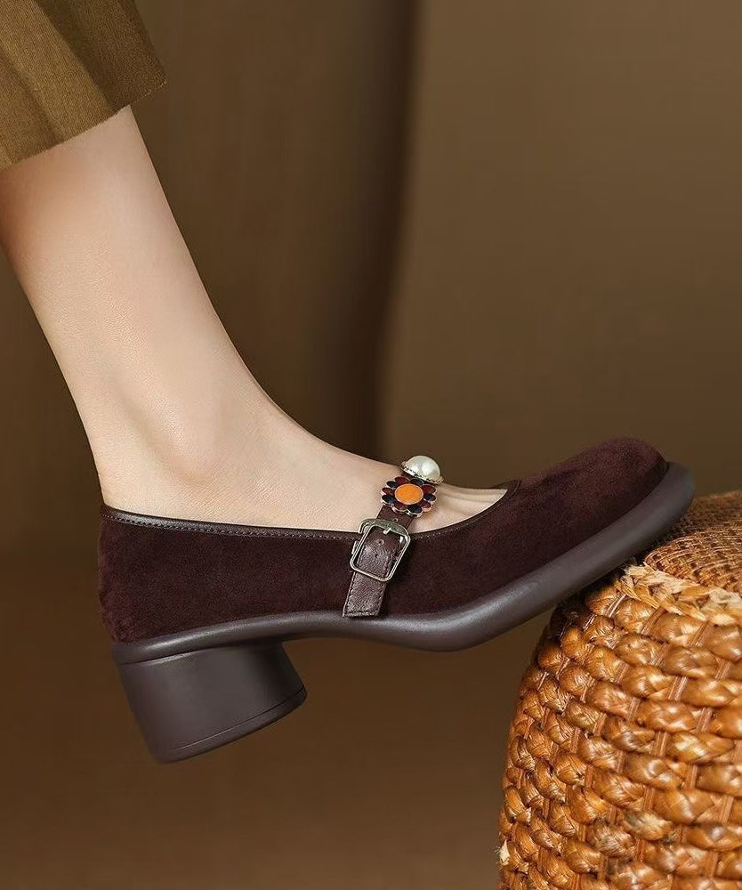 Suede Chunky Heel Strap Buckle Brown Splicing Comfortable
