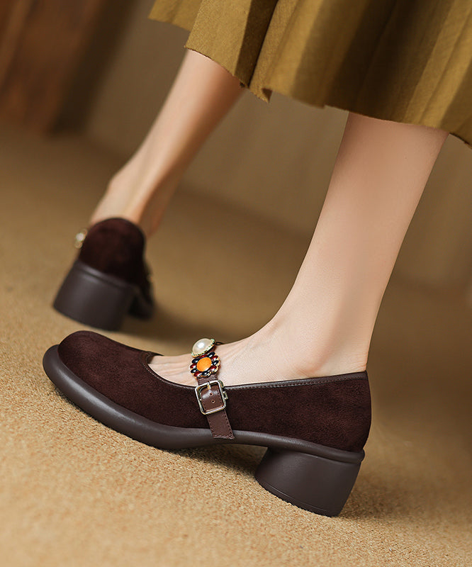 Suede Chunky Heel Strap Buckle Brown Splicing Comfortable