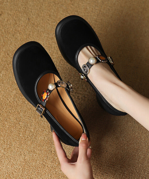 Suede Chunky Heel Strap Buckle Brown Splicing Comfortable