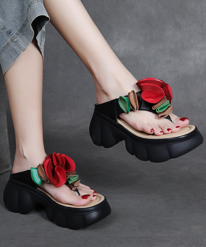 Comfortable Floral Flip Splicing Flops Platform Black Faux