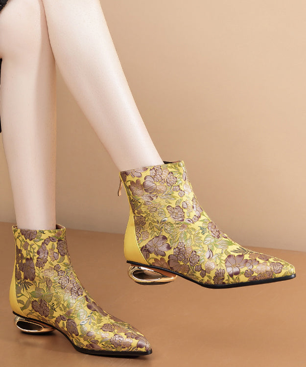 Comfortable Yellow Print Splicing Genuine Leather Chunky Ankle Boots RT1067