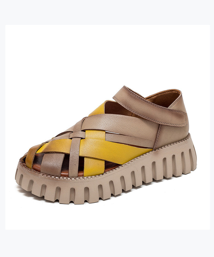 Comfy Hollow Out Splicing Platform Sandals Yellow Cowhide Leather DD1050