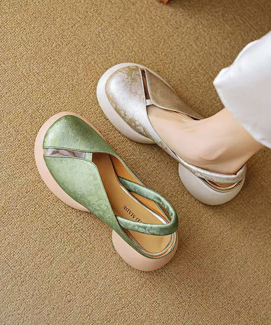 Sandals Cowhide Green Splicing Leather Out Chunky Hollow Comfy