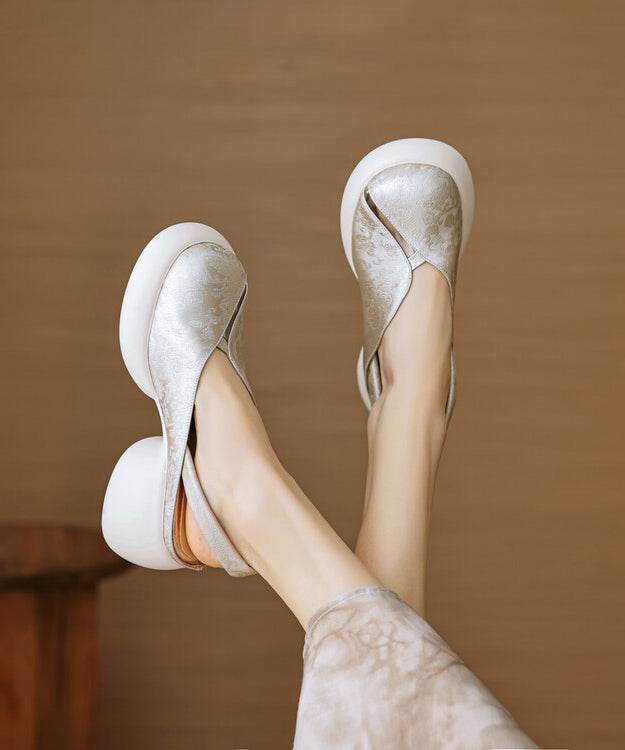 Sandals Cowhide Green Splicing Leather Out Chunky Hollow Comfy