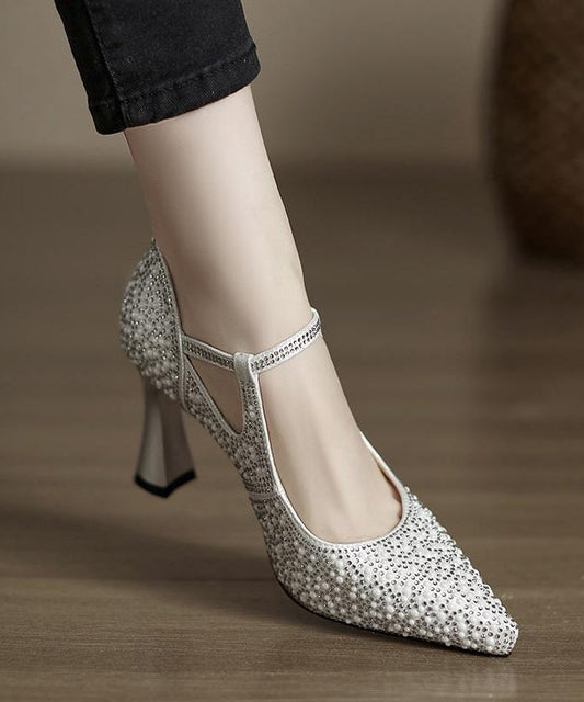 Heels Splicing Pointed Cowhide Comfy Silver Leather Toe High