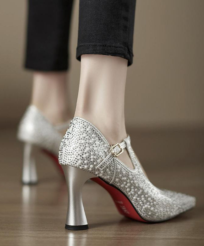 Heels Splicing Pointed Cowhide Comfy Silver Leather Toe High