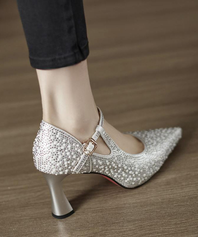 Heels Splicing Pointed Cowhide Comfy Silver Leather Toe High