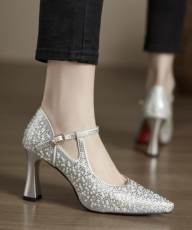 Heels Splicing Pointed Cowhide Comfy Silver Leather Toe High