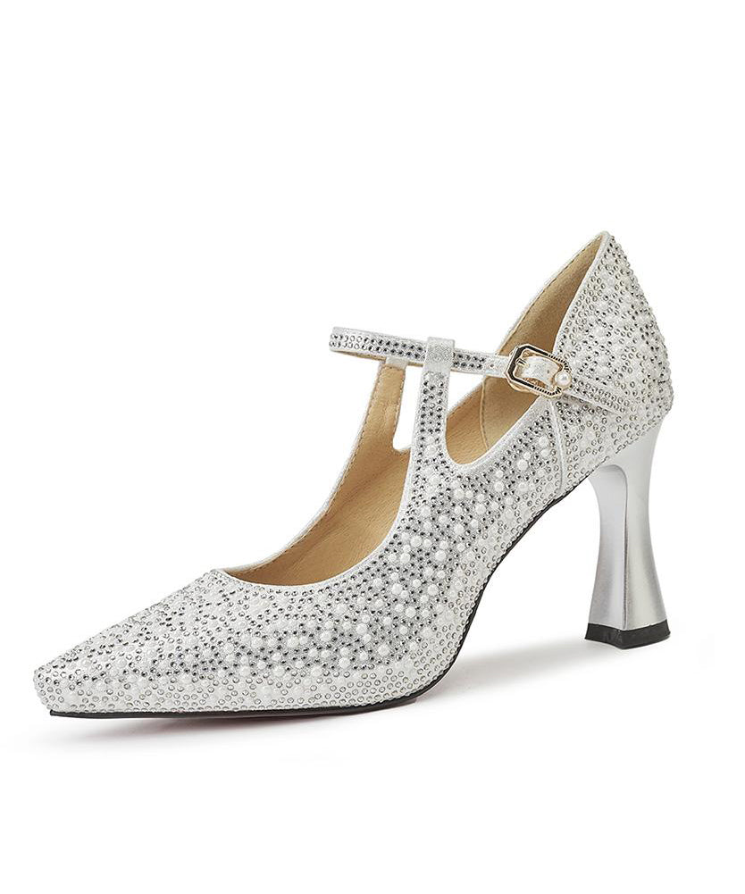 Heels Splicing Pointed Cowhide Comfy Silver Leather Toe High