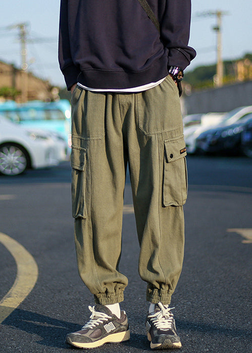 Waist Green Beam Men Cool Elastic Pockets Fleece Pants Army Warm
