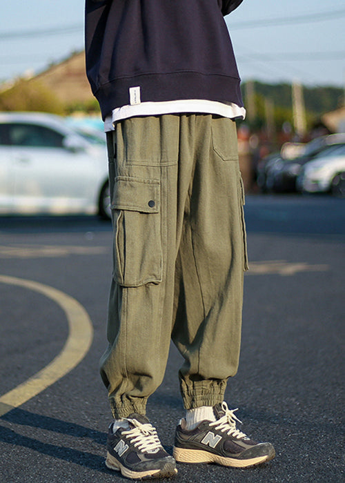 Waist Green Beam Men Cool Elastic Pockets Fleece Pants Army Warm