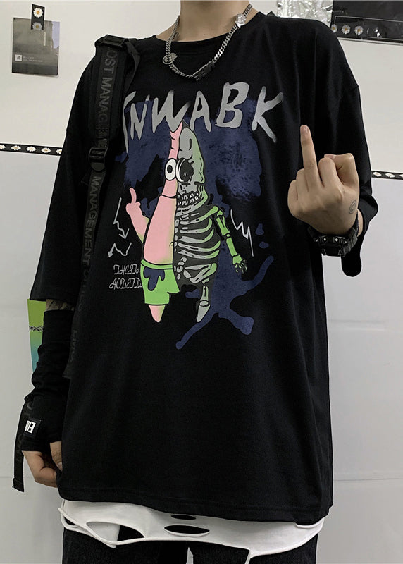 Half Cool Men Black Neck Print Cotton T Cartoon Sleeve Shirts O