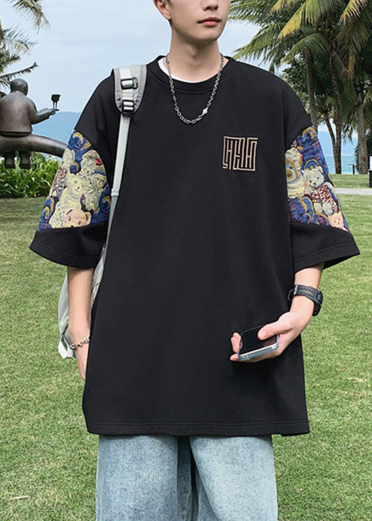 Shirts O Men's Cotton Embroideried Neck T Summer Black Cool