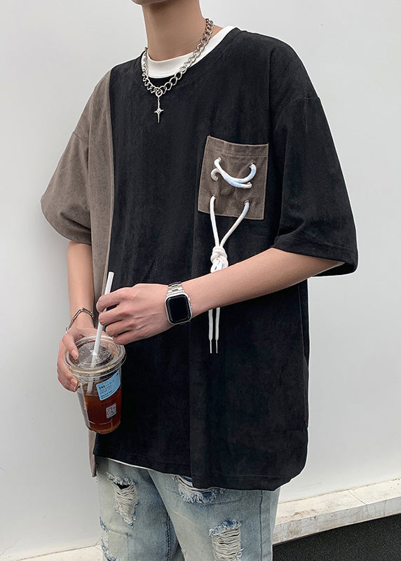 T Cool Men Half Pockets O Suede Shirts Neck Black Faux Patchwork