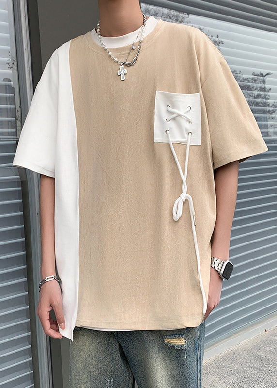 T Cool Men Half Pockets O Suede Shirts Neck Black Faux Patchwork