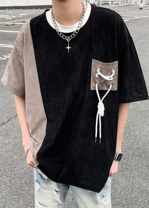 T Cool Men Half Pockets O Suede Shirts Neck Black Faux Patchwork