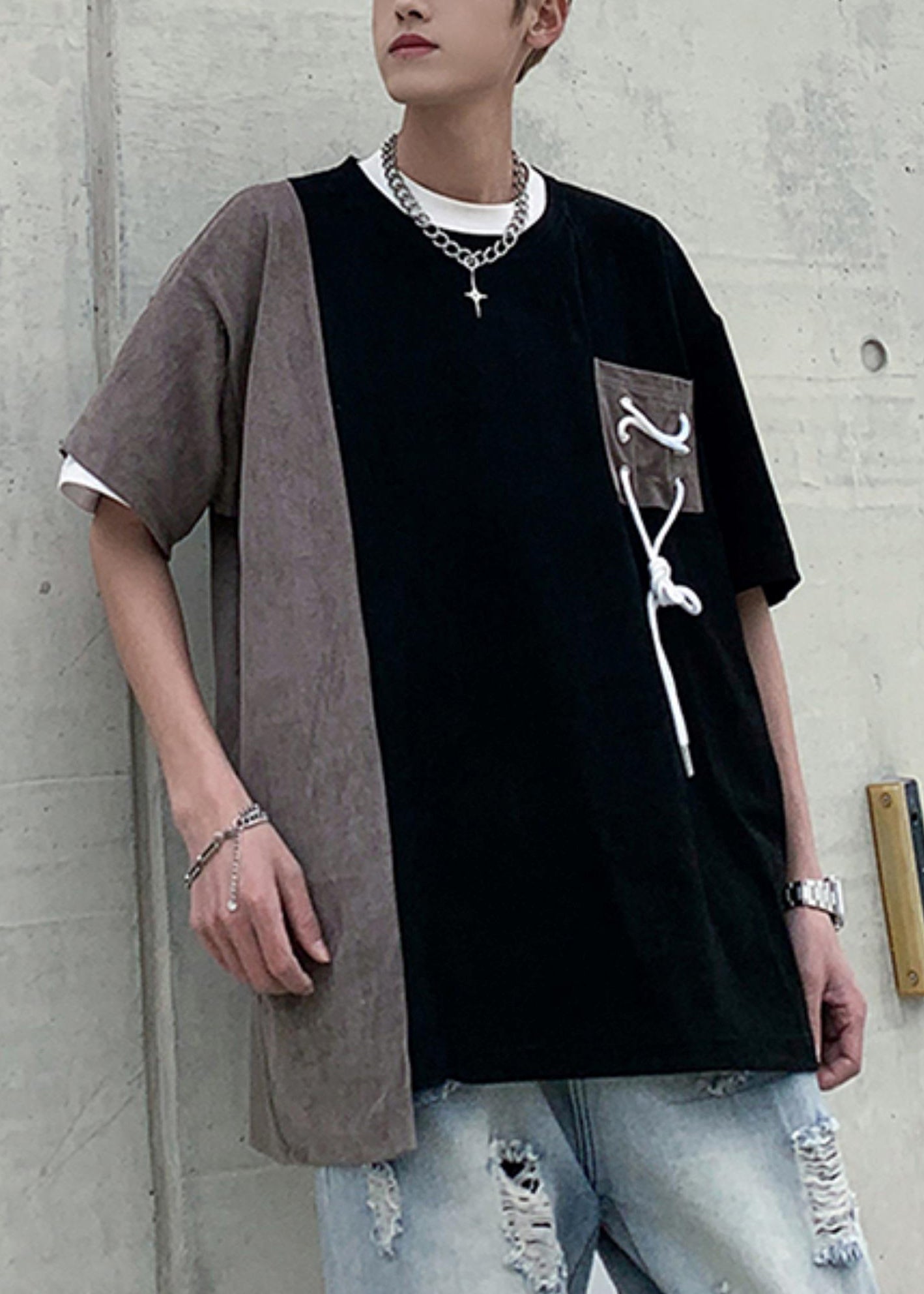 T Cool Men Half Pockets O Suede Shirts Neck Black Faux Patchwork