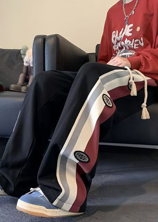 Cool Pants Striped Mens Patchwork Drawstring Spring Cotton Black