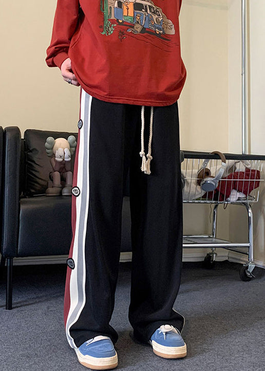 Cool Pants Striped Mens Patchwork Drawstring Spring Cotton Black