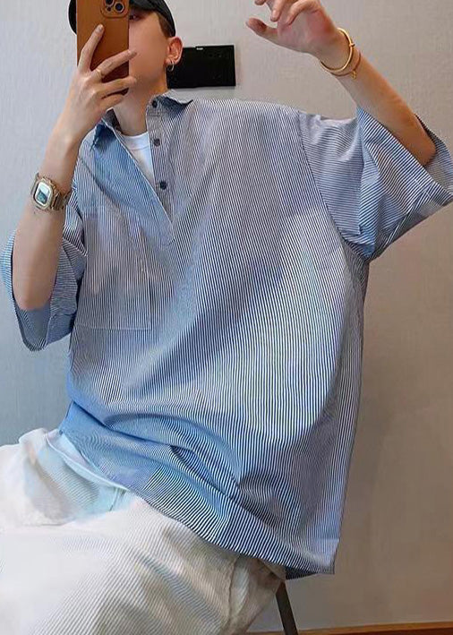 Mens Striped Summer Cool Oversized Blue Tshirt Cotton