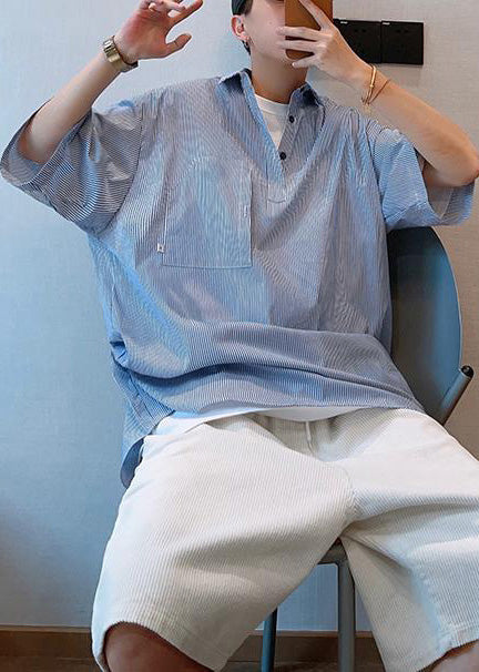 Mens Striped Summer Cool Oversized Blue Tshirt Cotton