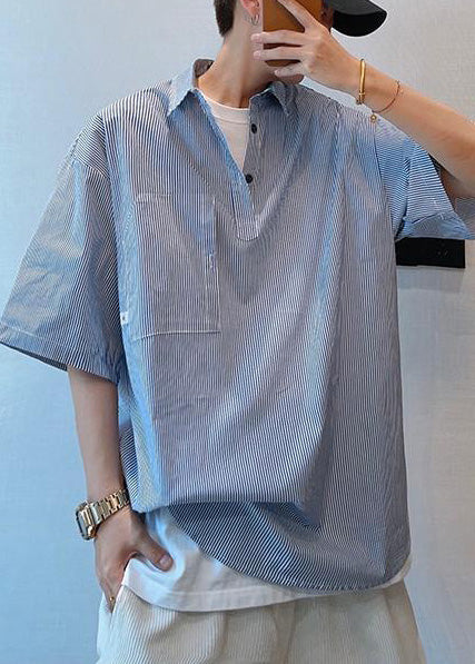 Mens Striped Summer Cool Oversized Blue Tshirt Cotton