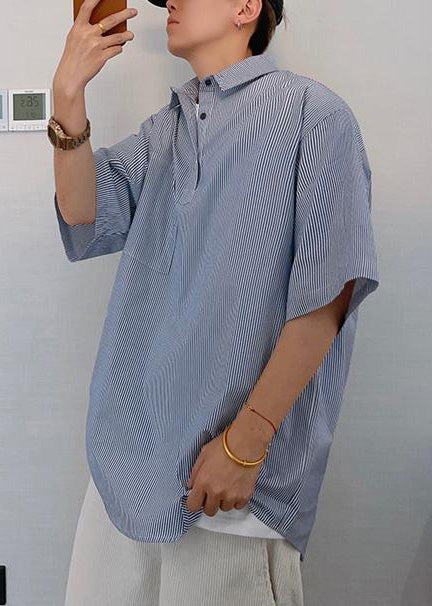 Mens Striped Summer Cool Oversized Blue Tshirt Cotton