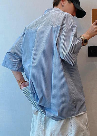 Mens Striped Summer Cool Oversized Blue Tshirt Cotton