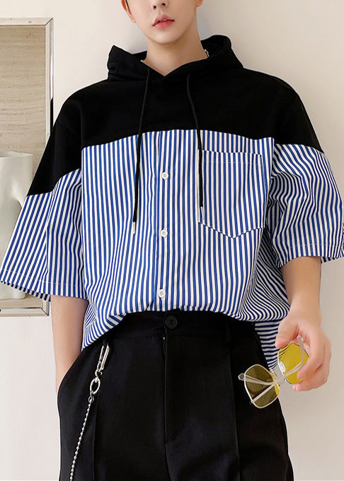 Cotton Blue Hooded Cool Summer Men Striped Patchwork Sweatshirt