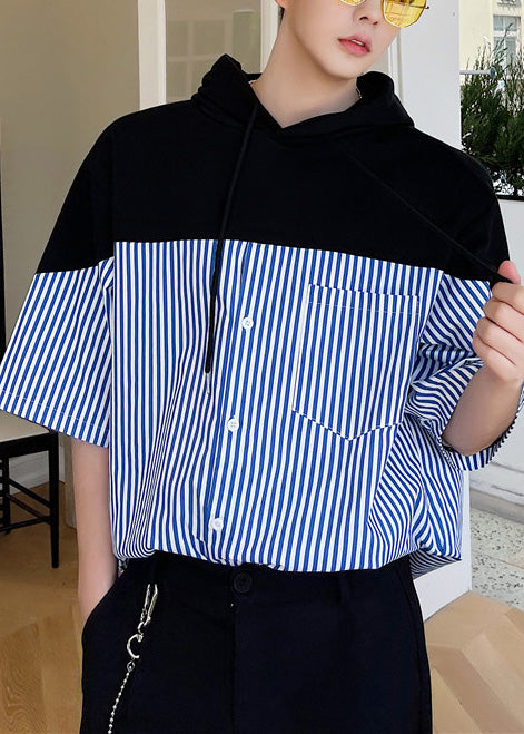 Cotton Blue Hooded Cool Summer Men Striped Patchwork Sweatshirt