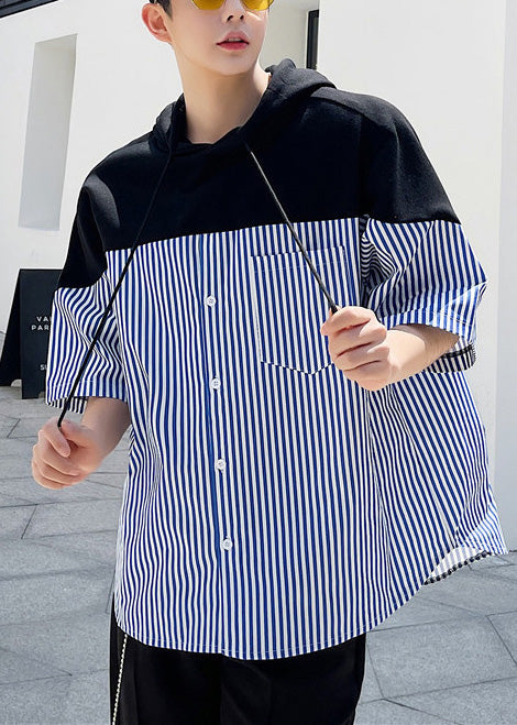 Cotton Blue Hooded Cool Summer Men Striped Patchwork Sweatshirt