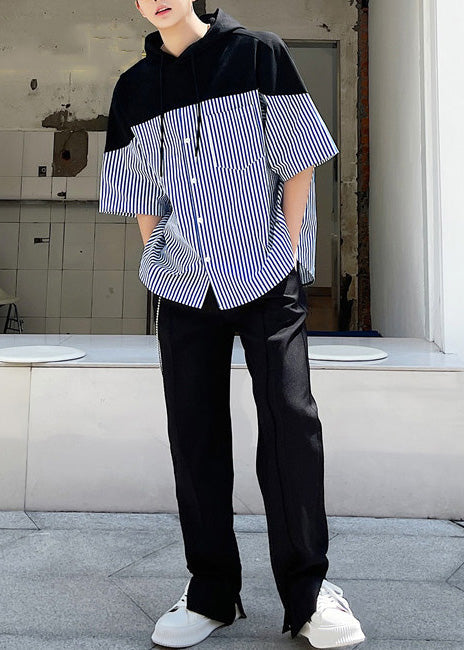 Cotton Blue Hooded Cool Summer Men Striped Patchwork Sweatshirt