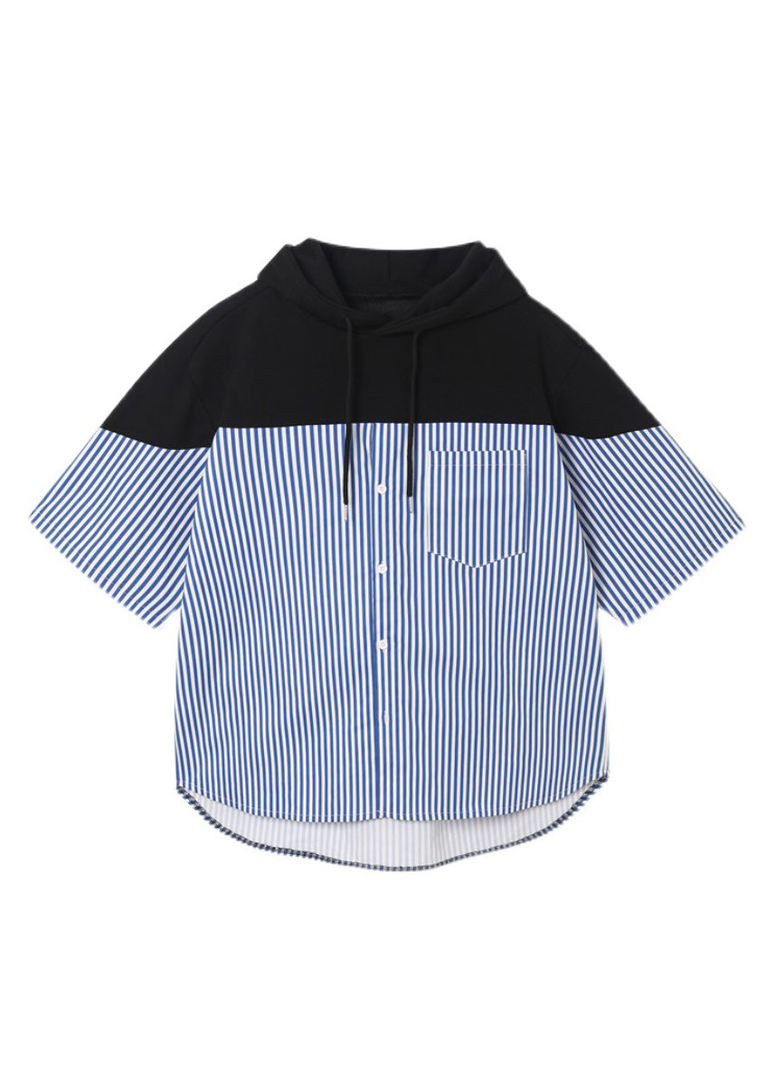 Cotton Blue Hooded Cool Summer Men Striped Patchwork Sweatshirt