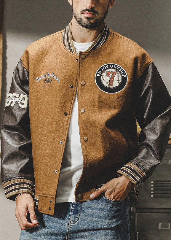 Cool Brown Button Patchwork Woolen Men Parkas Spring TC007