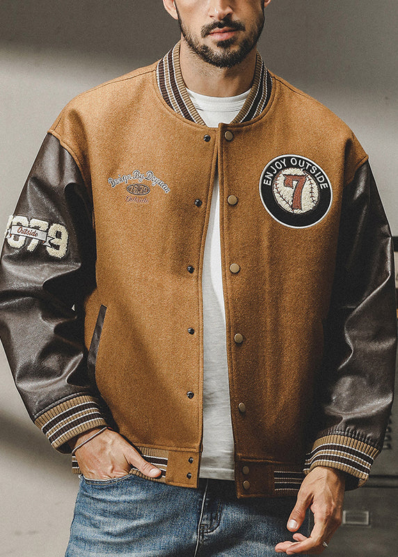 Cool Brown Button Patchwork Woolen Men Parkas Spring TC007