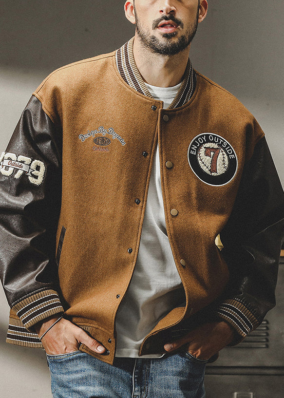 Cool Brown Button Patchwork Woolen Men Parkas Spring TC007