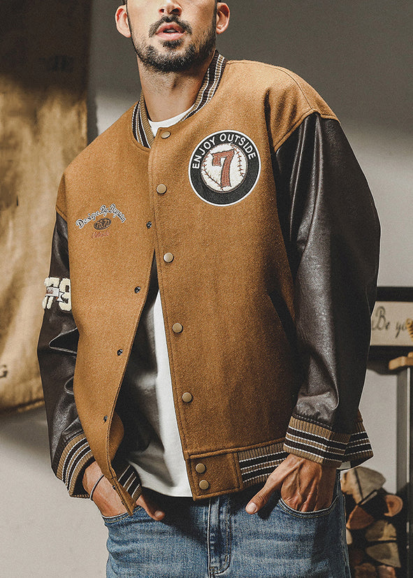 Cool Brown Button Patchwork Woolen Men Parkas Spring TC007