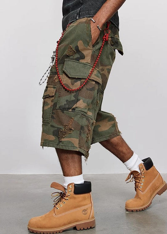 Hole Mens Pants Camouflage Cool Pockets Waist High Summer Cotton Crop