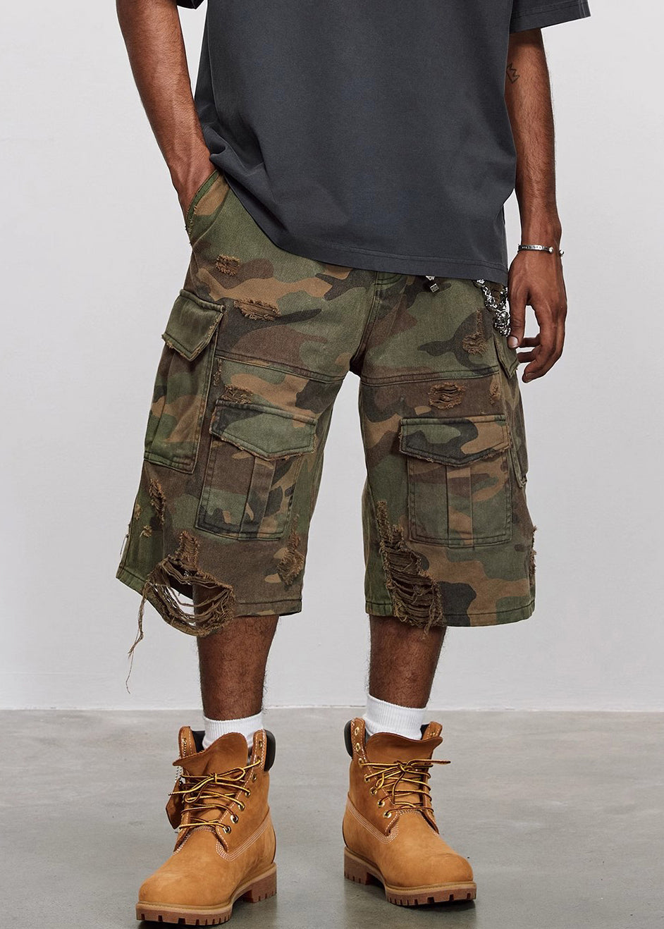 Mens Cool Cotton Pockets Crop High Camouflage Pants Waist Hole